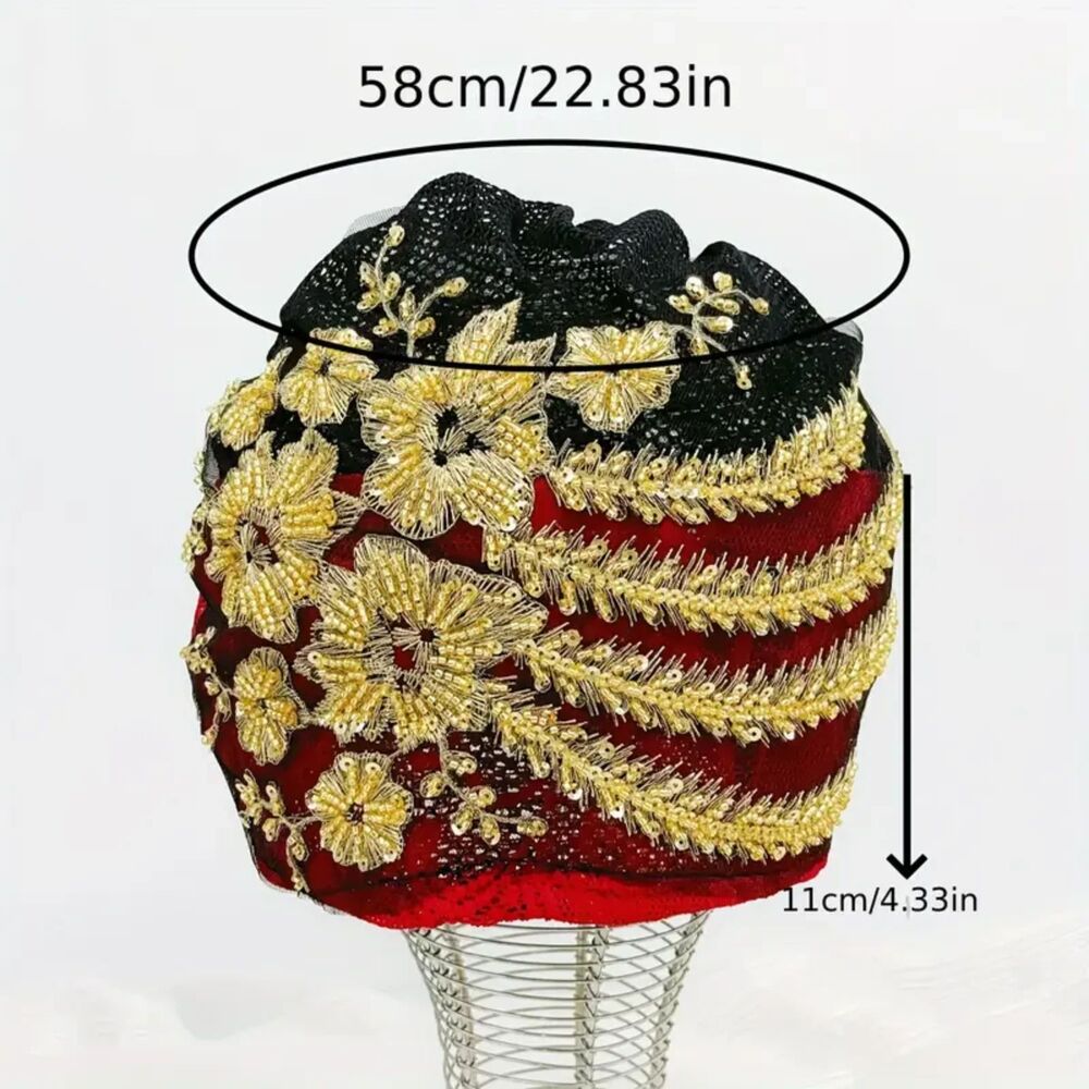 Red Beanie with Golden Beads Breathable Head Wrap and Chemo Cap Women & Girls - Picture 3 of 15